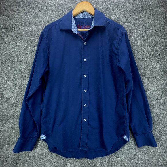 Robert Graham Shirt Medium Blue Jacquard‎ Cotton Flip Cuff Embroidered Trim - Picture 1 of 16